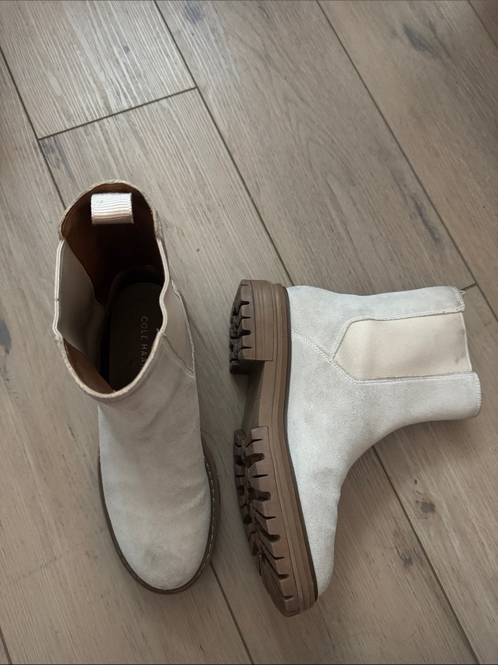 Cole Haan Cream Waterproof Suede Chelsea Lug Booties with Tan Lug Sole